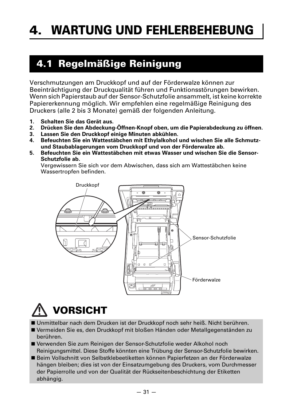 Wartung und fehlerbehebung, 1 regelmäßige reinigung, 1 regelmäßige reinigung vorsicht | CITIZEN CT-S851 User Manual | Page 129 / 240