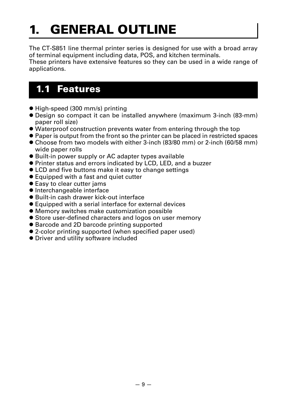 General outline, 1 features | CITIZEN CT-S851 User Manual | Page 13 / 240