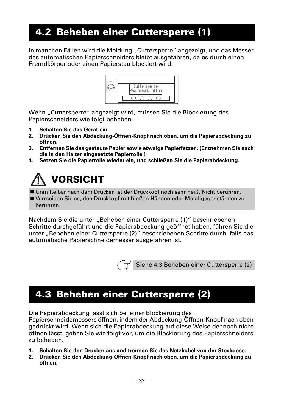 2 beheben einer cuttersperre (1), 3 beheben einer cuttersperre (2), 2 beheben einer cuttersperre (1) vorsicht | CITIZEN CT-S851 User Manual | Page 130 / 240