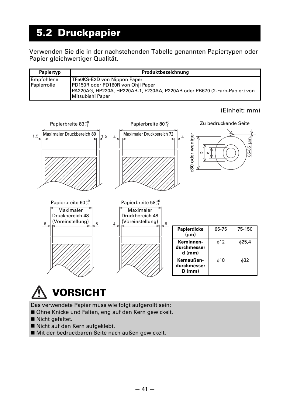 2 druckpapier, Vorsicht | CITIZEN CT-S851 User Manual | Page 139 / 240