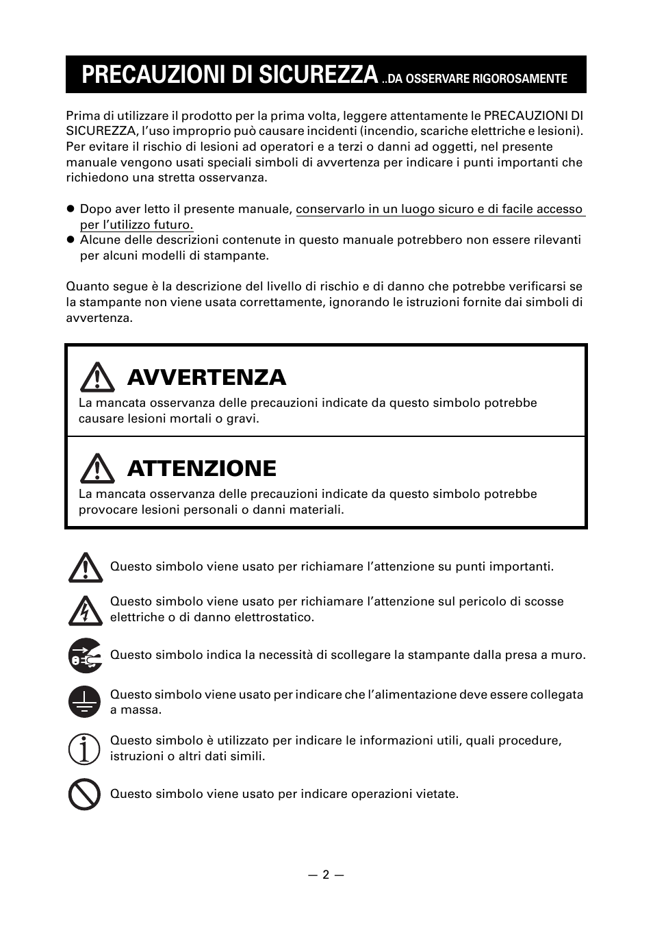 Precauzioni di sicurezza, Avvertenza, Attenzione | CITIZEN CT-S851 User Manual | Page 147 / 240