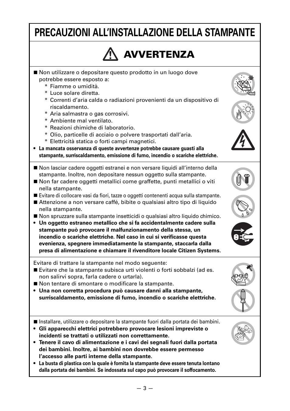 Precauzioni all’installazione della stampante, Avvertenza | CITIZEN CT-S851 User Manual | Page 148 / 240