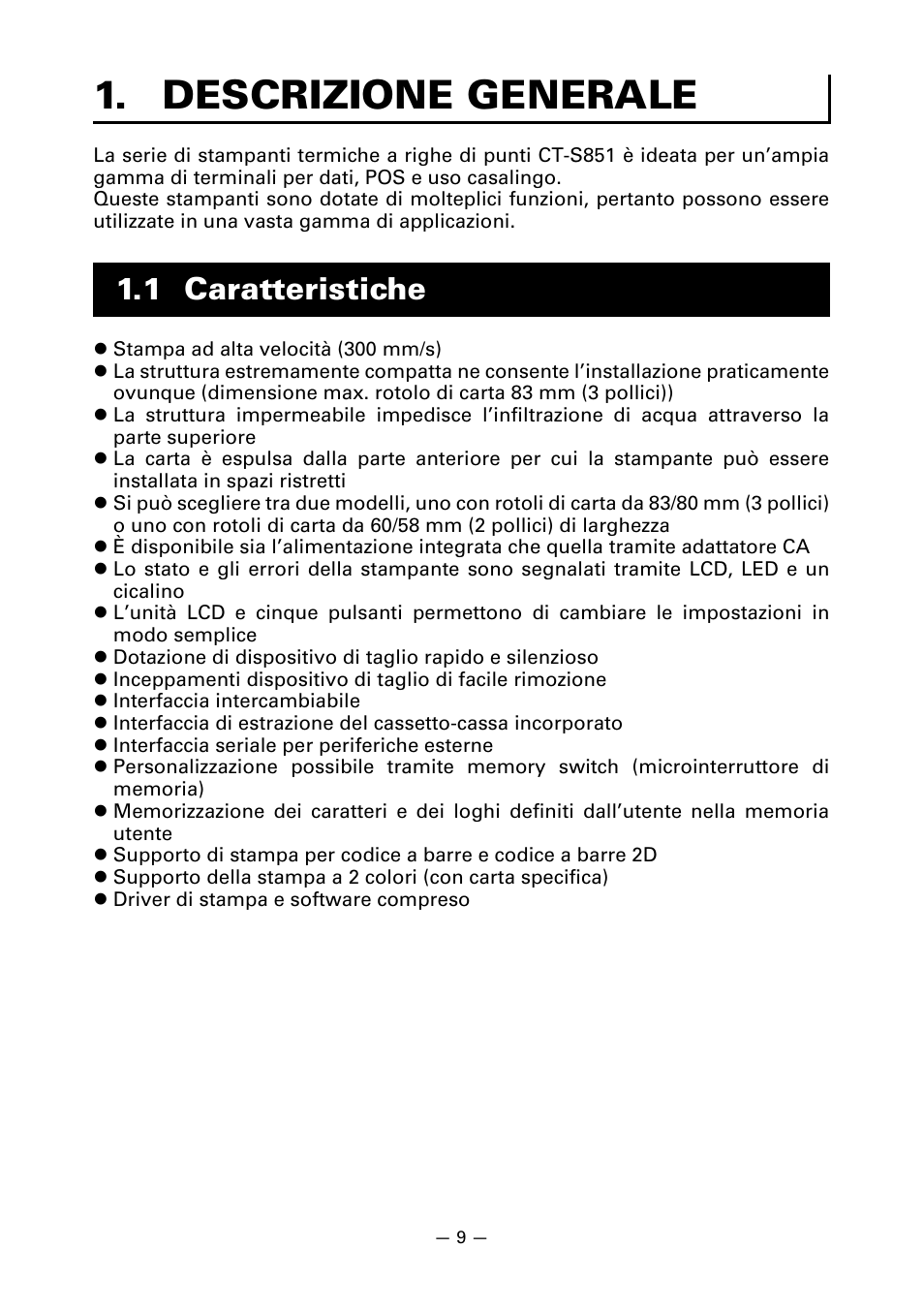 Descrizione generale, 1 caratteristiche | CITIZEN CT-S851 User Manual | Page 154 / 240