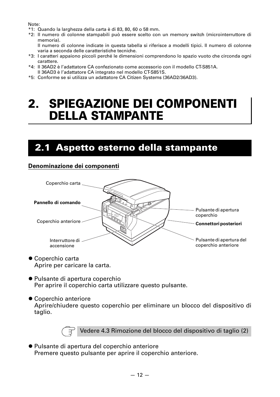 Spiegazione dei componenti della stampante, 1 aspetto esterno della stampante | CITIZEN CT-S851 User Manual | Page 157 / 240