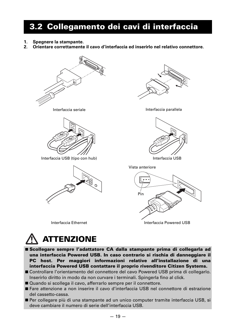 2 collegamento dei cavi di interfaccia, 2 collegamento dei cavi di interfaccia attenzione | CITIZEN CT-S851 User Manual | Page 164 / 240