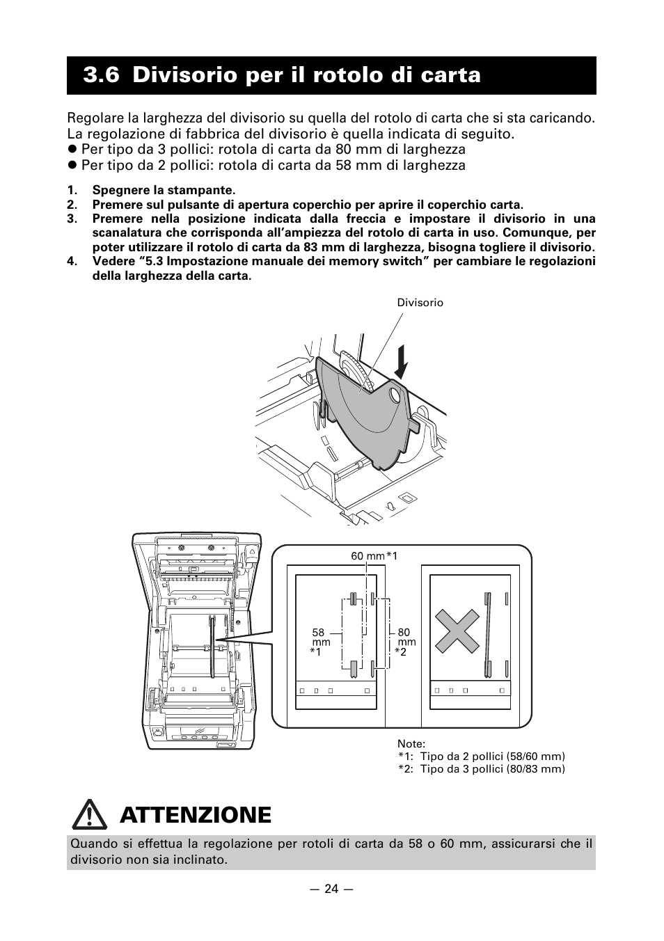 6 divisorio per il rotolo di carta, 6 divisorio per il rotolo di carta attenzione | CITIZEN CT-S851 User Manual | Page 169 / 240