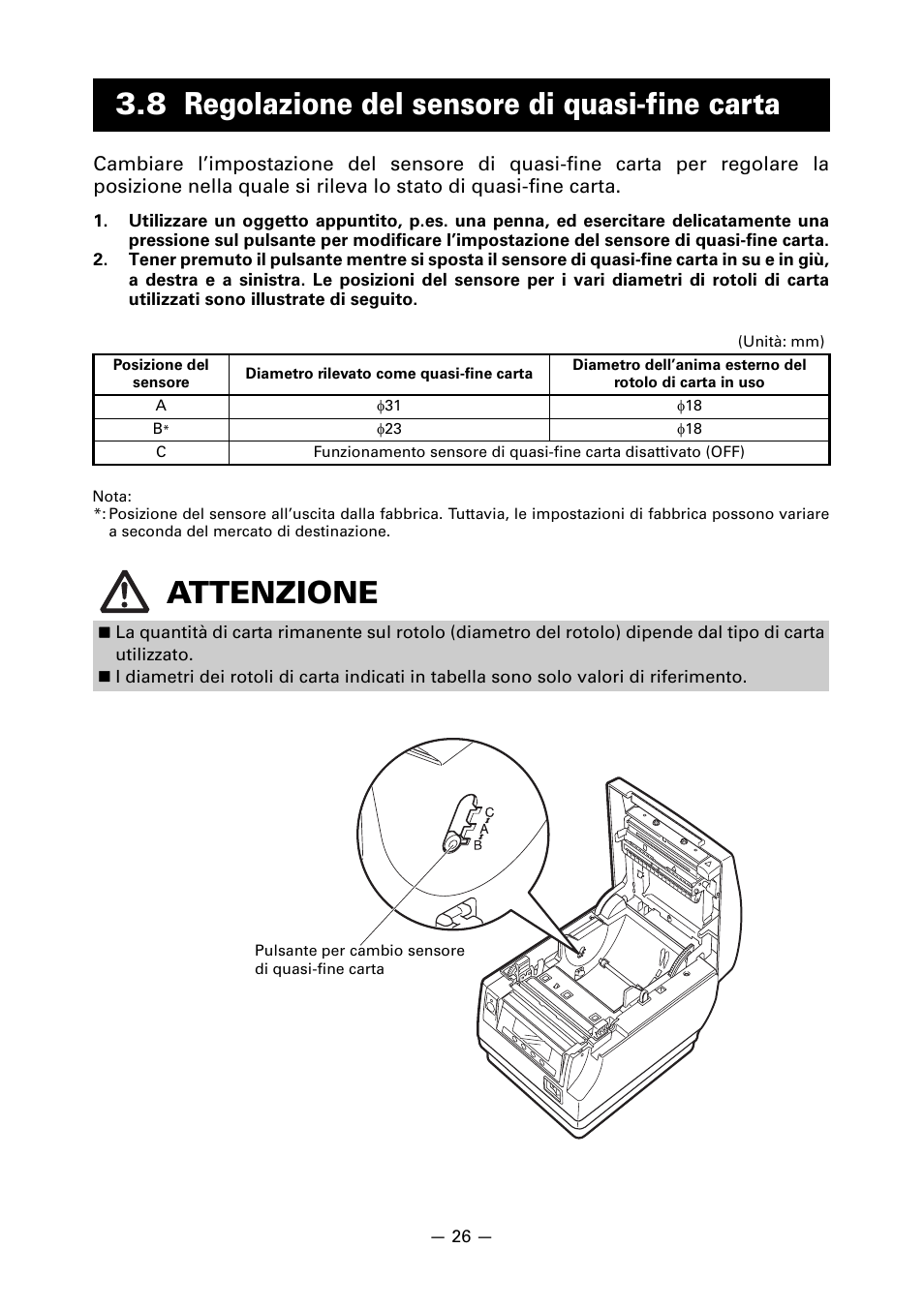 8 regolazione del sensore di quasi-fine carta, Attenzione | CITIZEN CT-S851 User Manual | Page 171 / 240