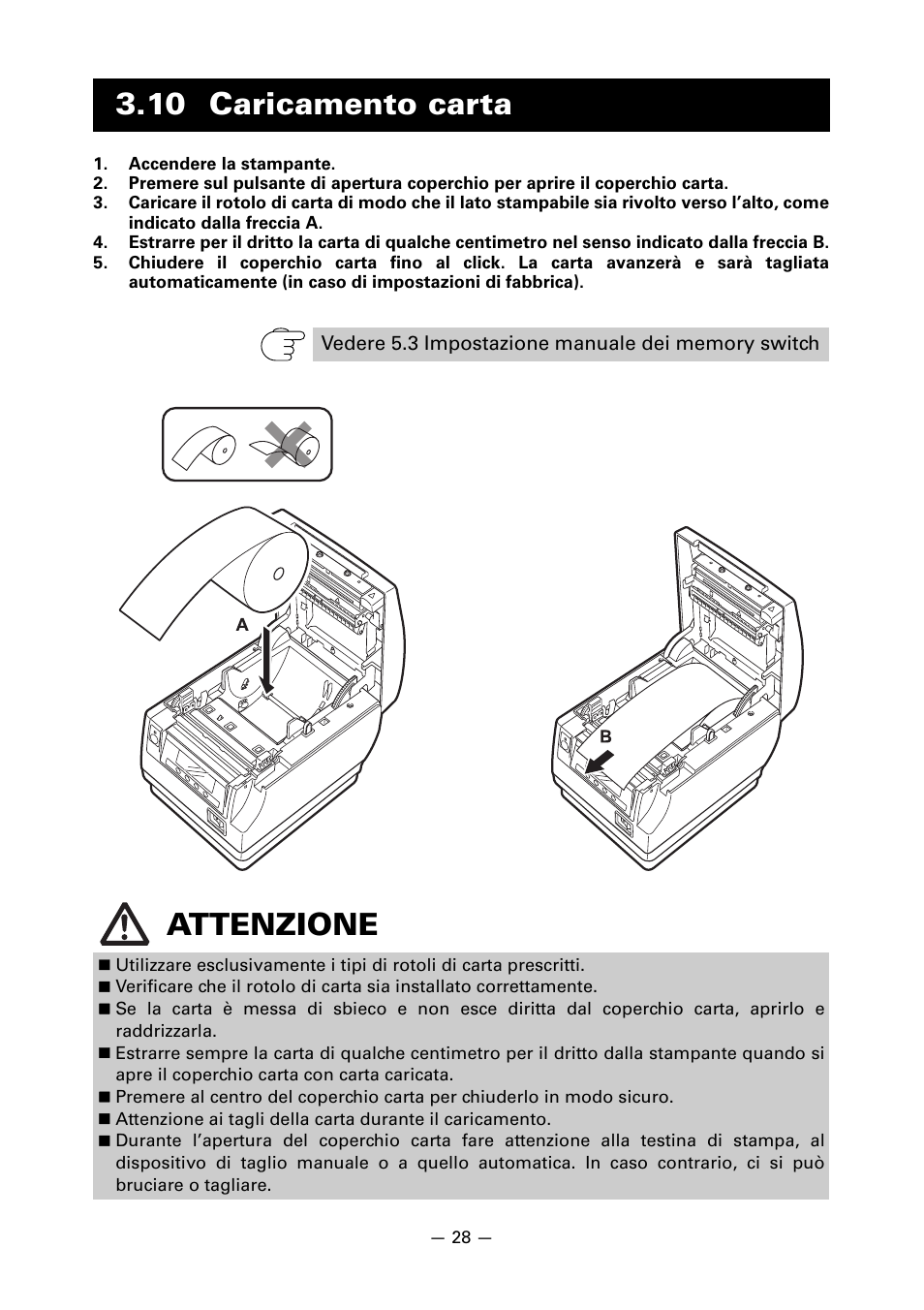 10 caricamento carta, Attenzione | CITIZEN CT-S851 User Manual | Page 173 / 240
