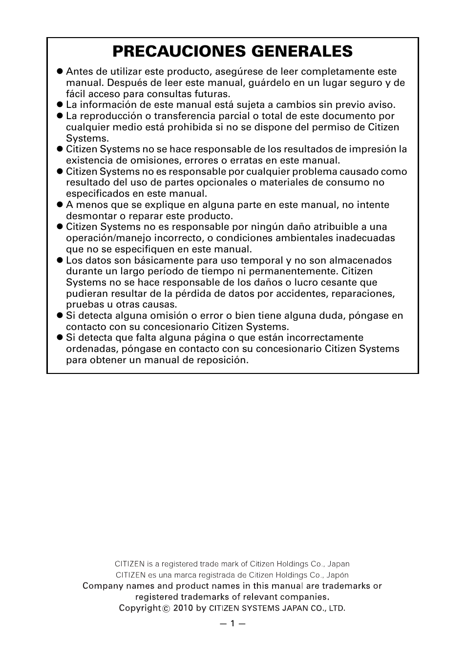 Precauciones generales | CITIZEN CT-S851 User Manual | Page 193 / 240