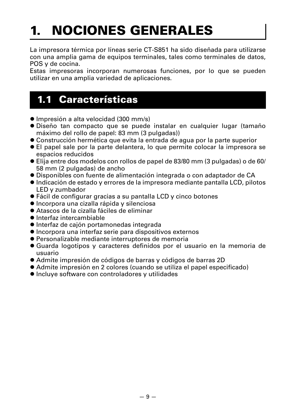 Nociones generales, 1 características | CITIZEN CT-S851 User Manual | Page 201 / 240