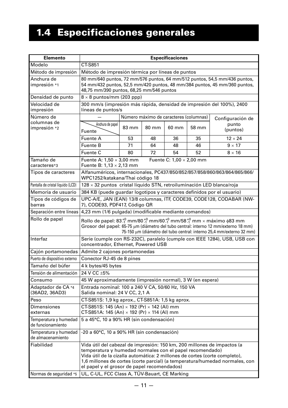 4 especificaciones generales | CITIZEN CT-S851 User Manual | Page 203 / 240