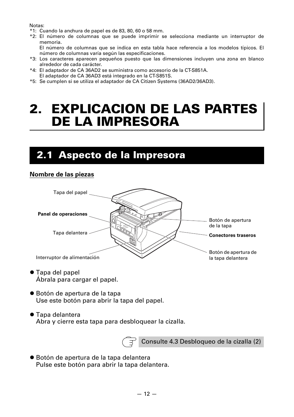 Explicacion de las partes de la impresora, 1 aspecto de la impresora | CITIZEN CT-S851 User Manual | Page 204 / 240