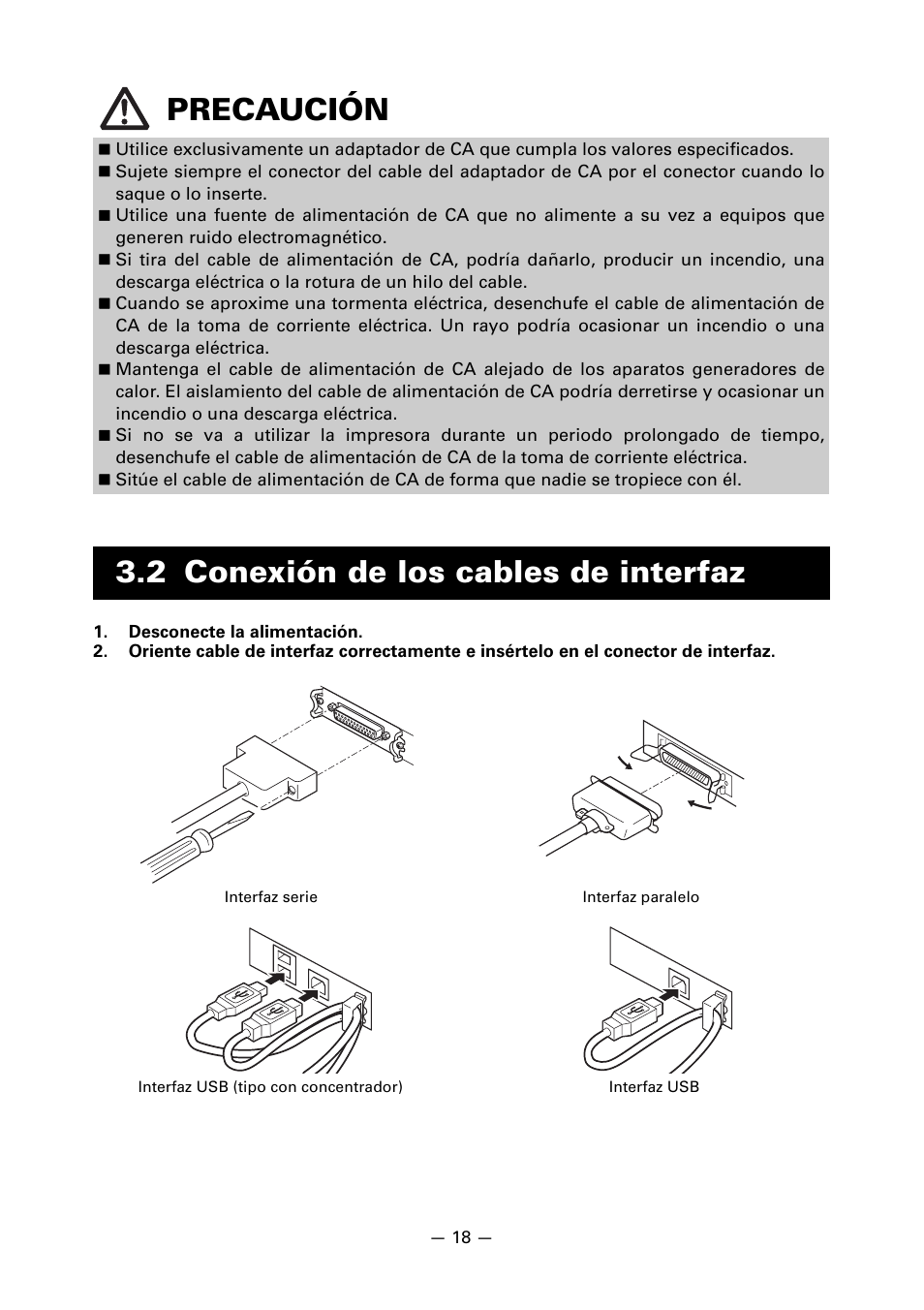 2 conexión de los cables de interfaz, Precaución | CITIZEN CT-S851 User Manual | Page 210 / 240
