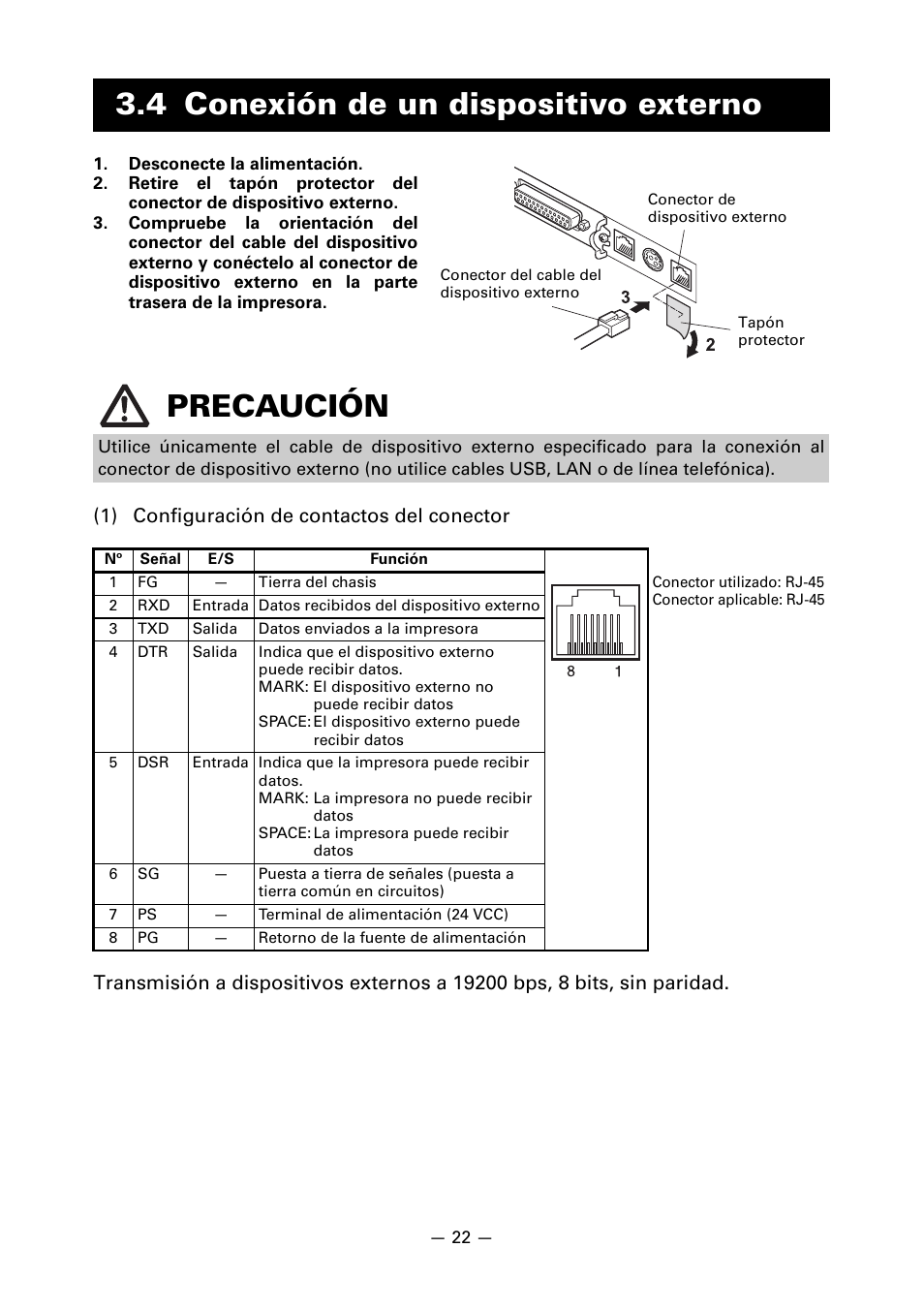 4 conexión de un dispositivo externo, 4 conexión de un dispositivo externo precaución | CITIZEN CT-S851 User Manual | Page 214 / 240