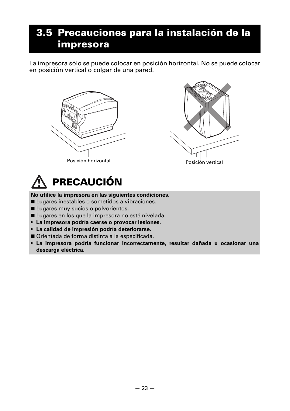 5 precauciones para la instalación de la impresora | CITIZEN CT-S851 User Manual | Page 215 / 240