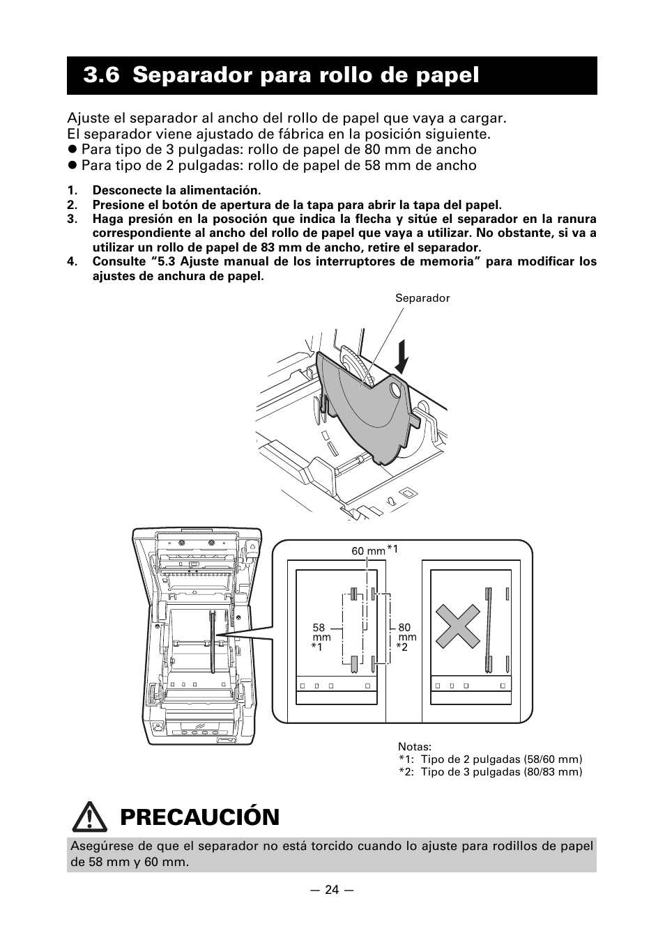 6 separador para rollo de papel, 6 separador para rollo de papel precaución | CITIZEN CT-S851 User Manual | Page 216 / 240