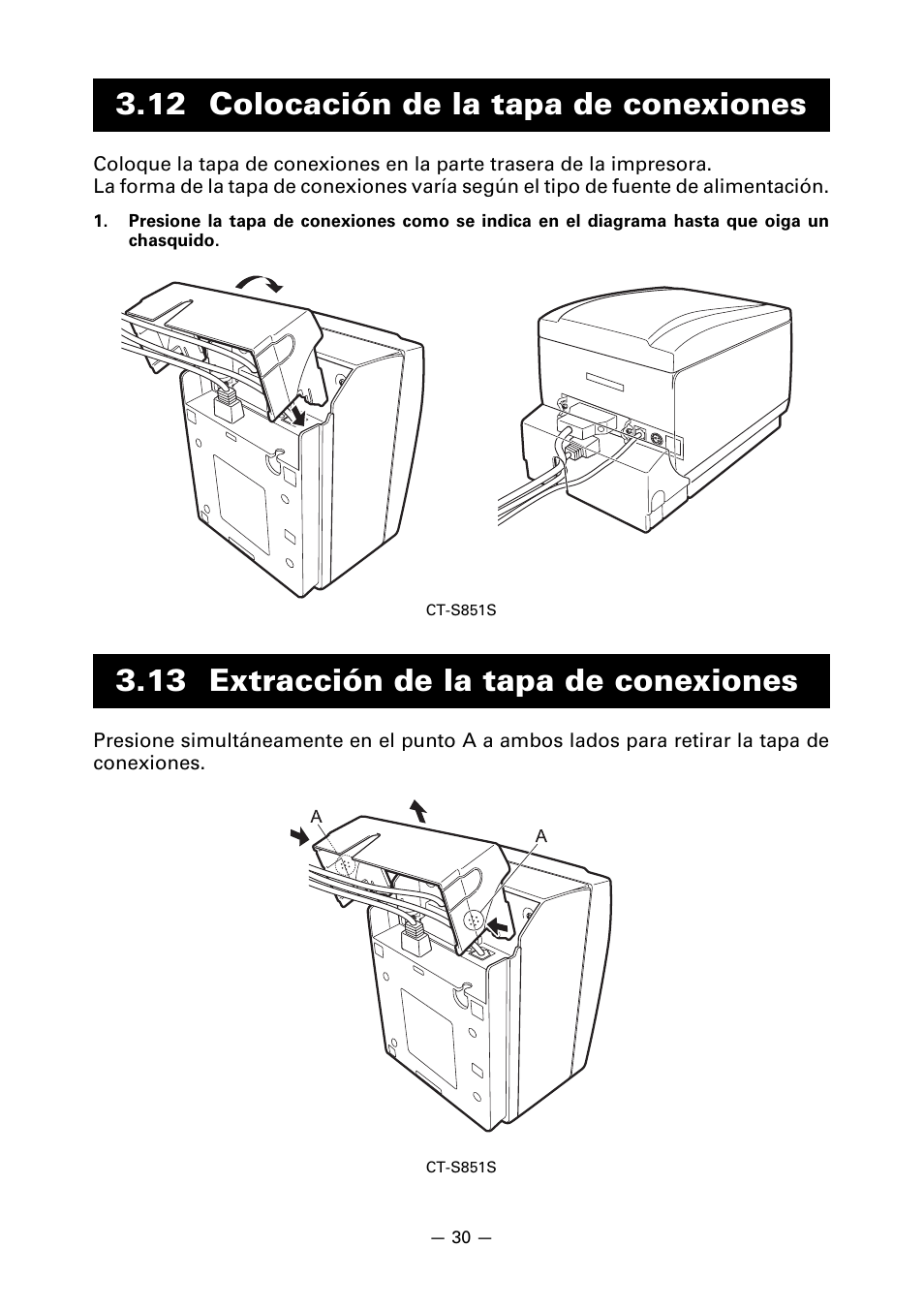 12 colocación de la tapa de conexiones, 13 extracción de la tapa de conexiones | CITIZEN CT-S851 User Manual | Page 222 / 240