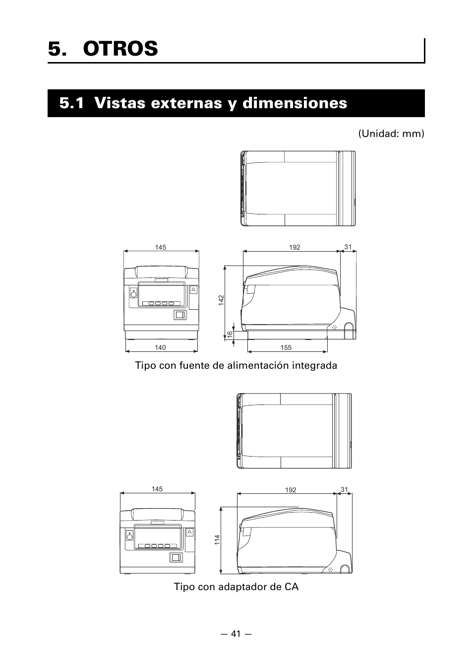 Otros, 1 vistas externas y dimensiones | CITIZEN CT-S851 User Manual | Page 233 / 240