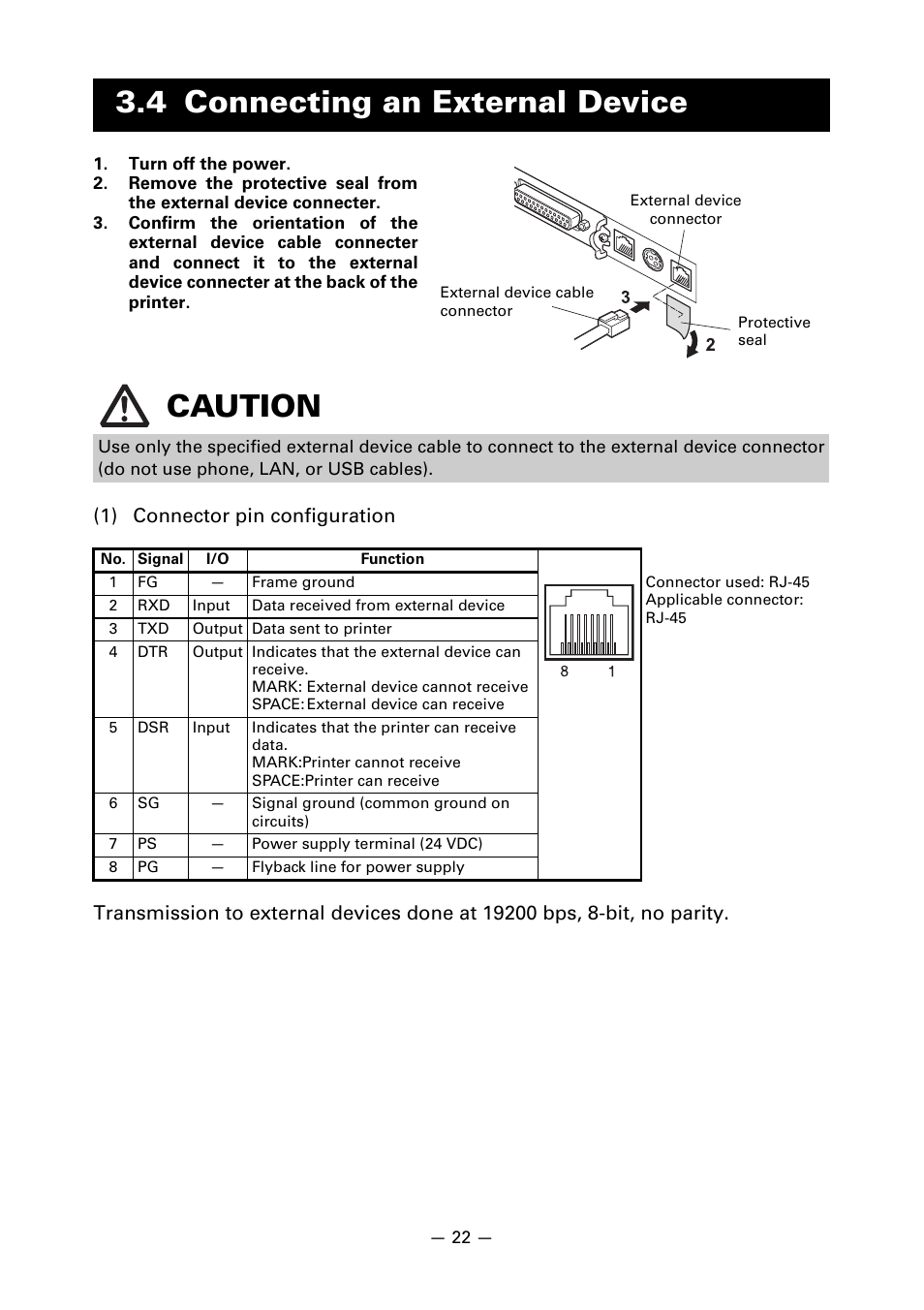 4 connecting an external device, 4 connecting an external device caution | CITIZEN CT-S851 User Manual | Page 26 / 240