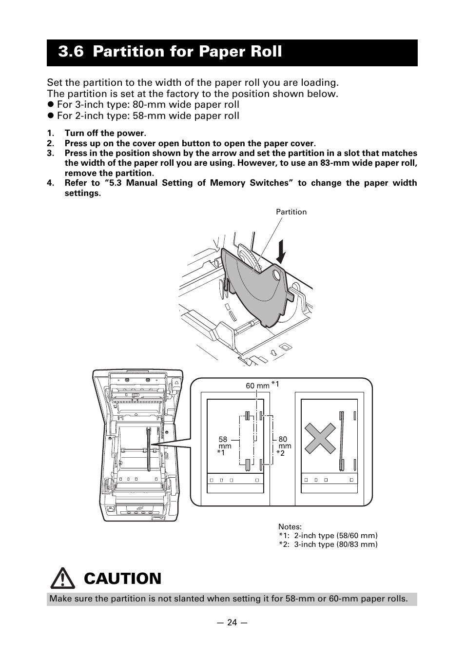 6 partition for paper roll, 6 partition for paper roll caution | CITIZEN CT-S851 User Manual | Page 28 / 240