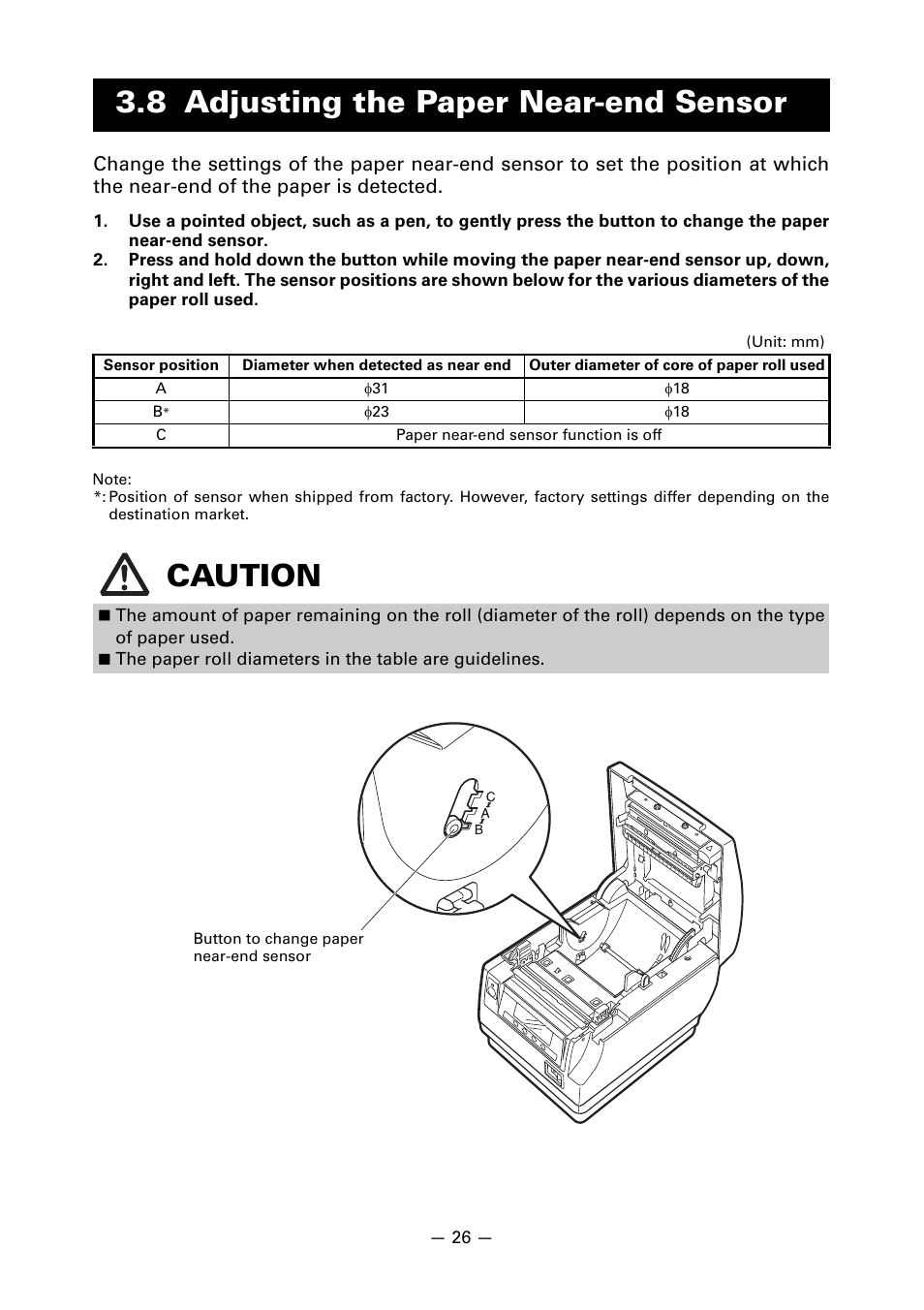 8 adjusting the paper near-end sensor, Caution | CITIZEN CT-S851 User Manual | Page 30 / 240