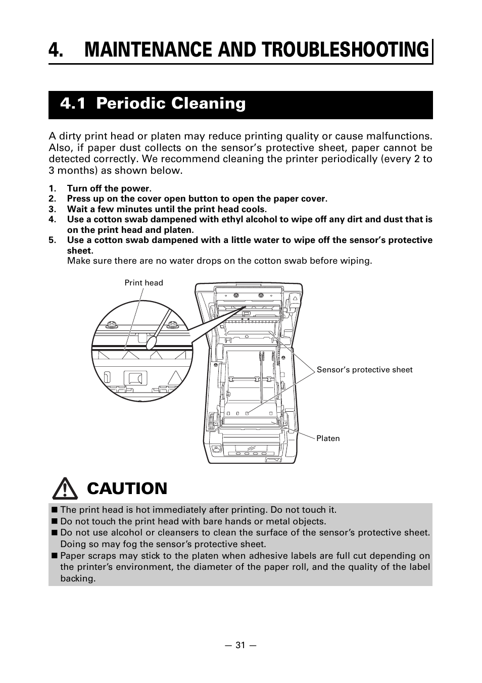 Maintenance and troubleshooting, 1 periodic cleaning, 1 periodic cleaning caution | CITIZEN CT-S851 User Manual | Page 35 / 240