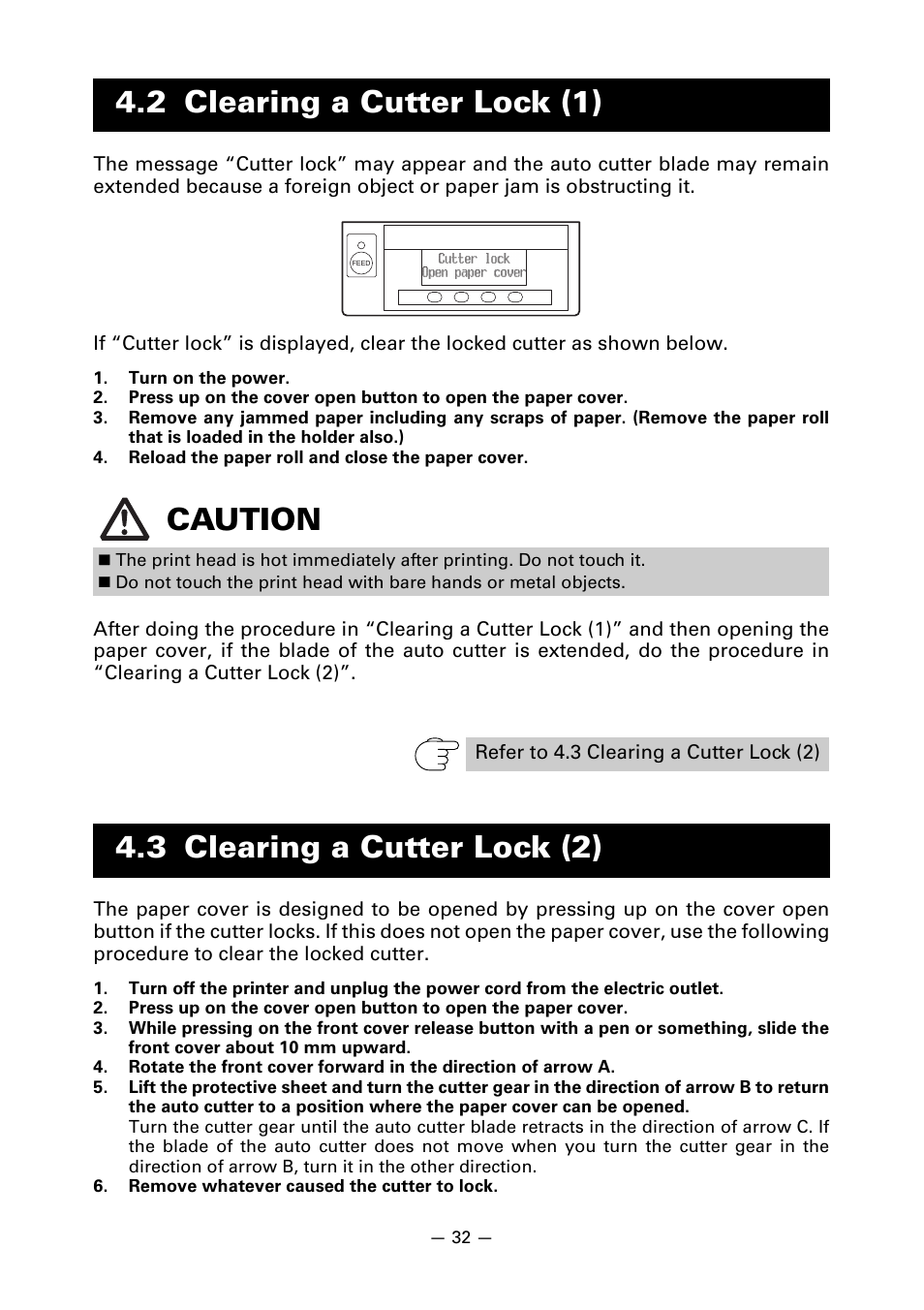 2 clearing a cutter lock (1), 3 clearing a cutter lock (2), 2 clearing a cutter lock (1) caution | CITIZEN CT-S851 User Manual | Page 36 / 240
