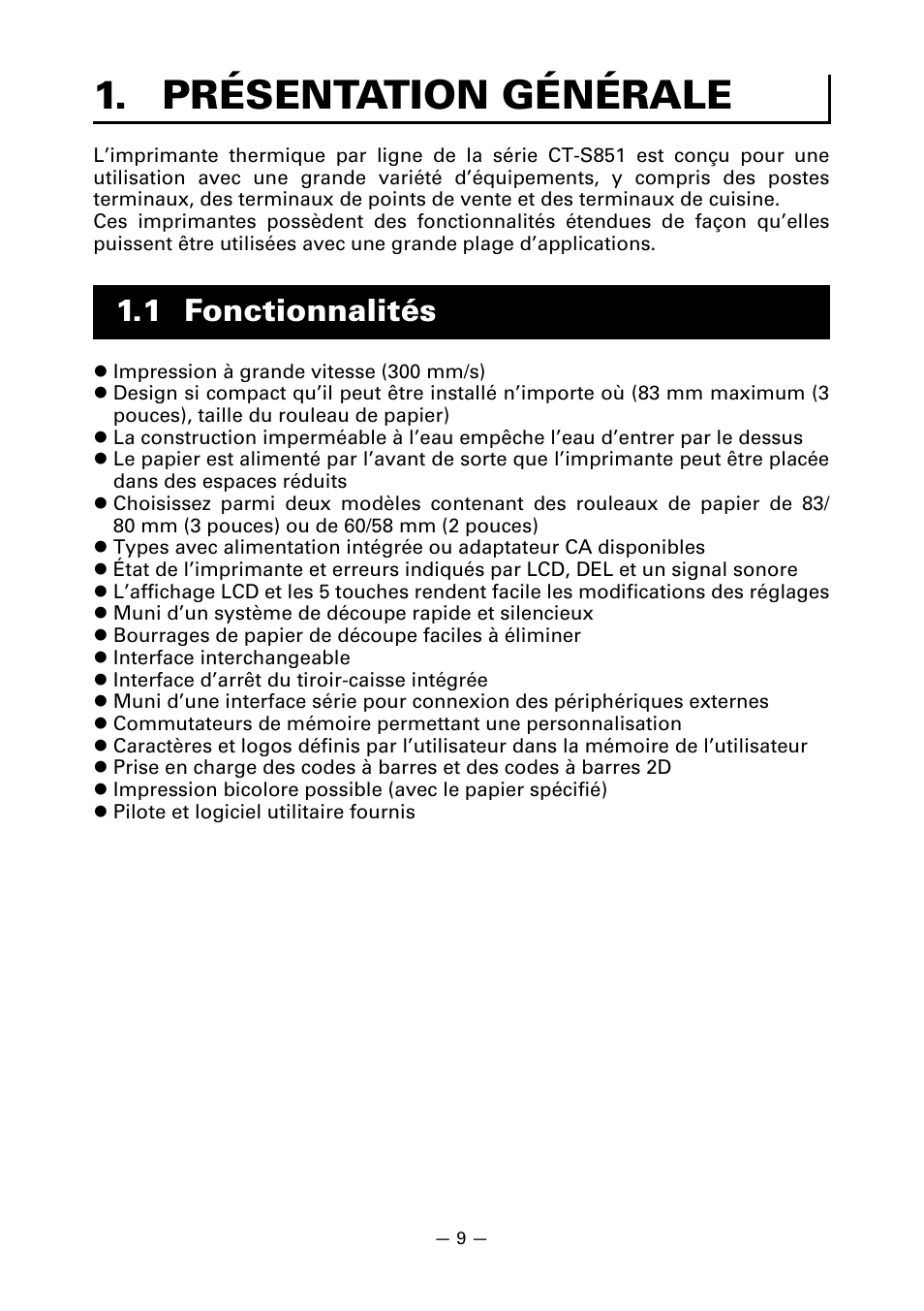 Présentation générale, 1 fonctionnalités | CITIZEN CT-S851 User Manual | Page 60 / 240