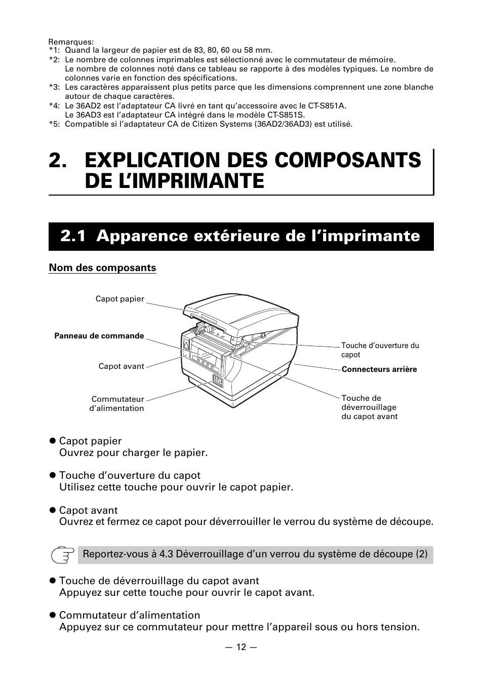 Explication des composants de l’imprimante, 1 apparence extérieure de l’imprimante | CITIZEN CT-S851 User Manual | Page 63 / 240