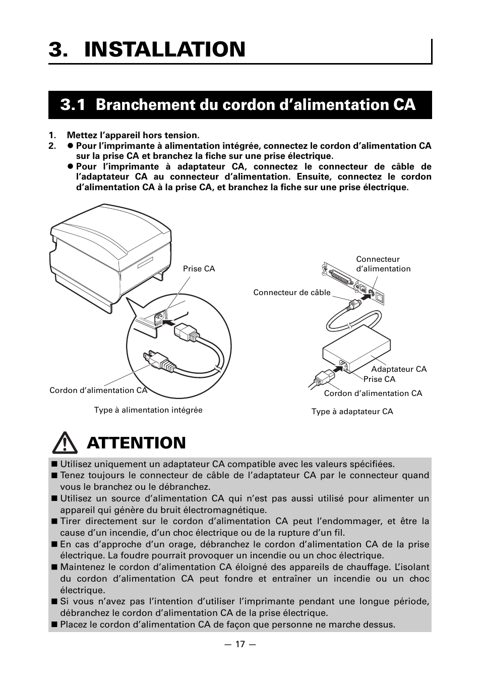 Installation, 1 branchement du cordon d’alimentation ca | CITIZEN CT-S851 User Manual | Page 68 / 240