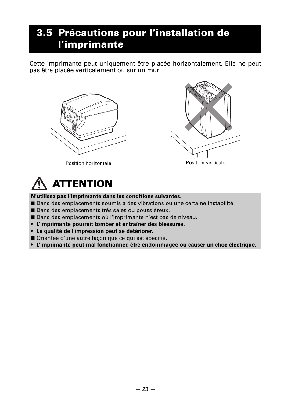 5 précautions pour l’installation de l’imprimante | CITIZEN CT-S851 User Manual | Page 74 / 240