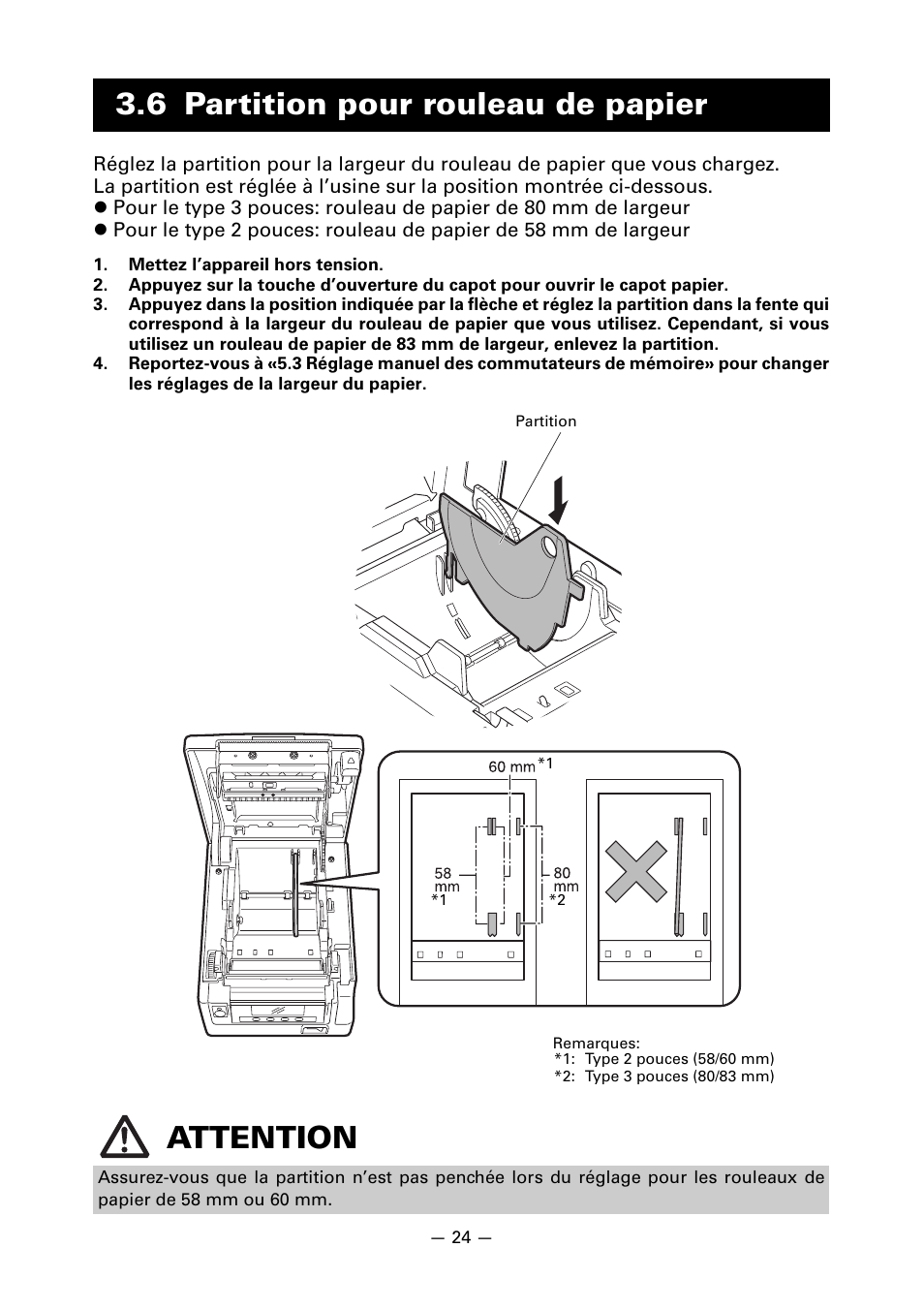 6 partition pour rouleau de papier, 6 partition pour rouleau de papier attention | CITIZEN CT-S851 User Manual | Page 75 / 240