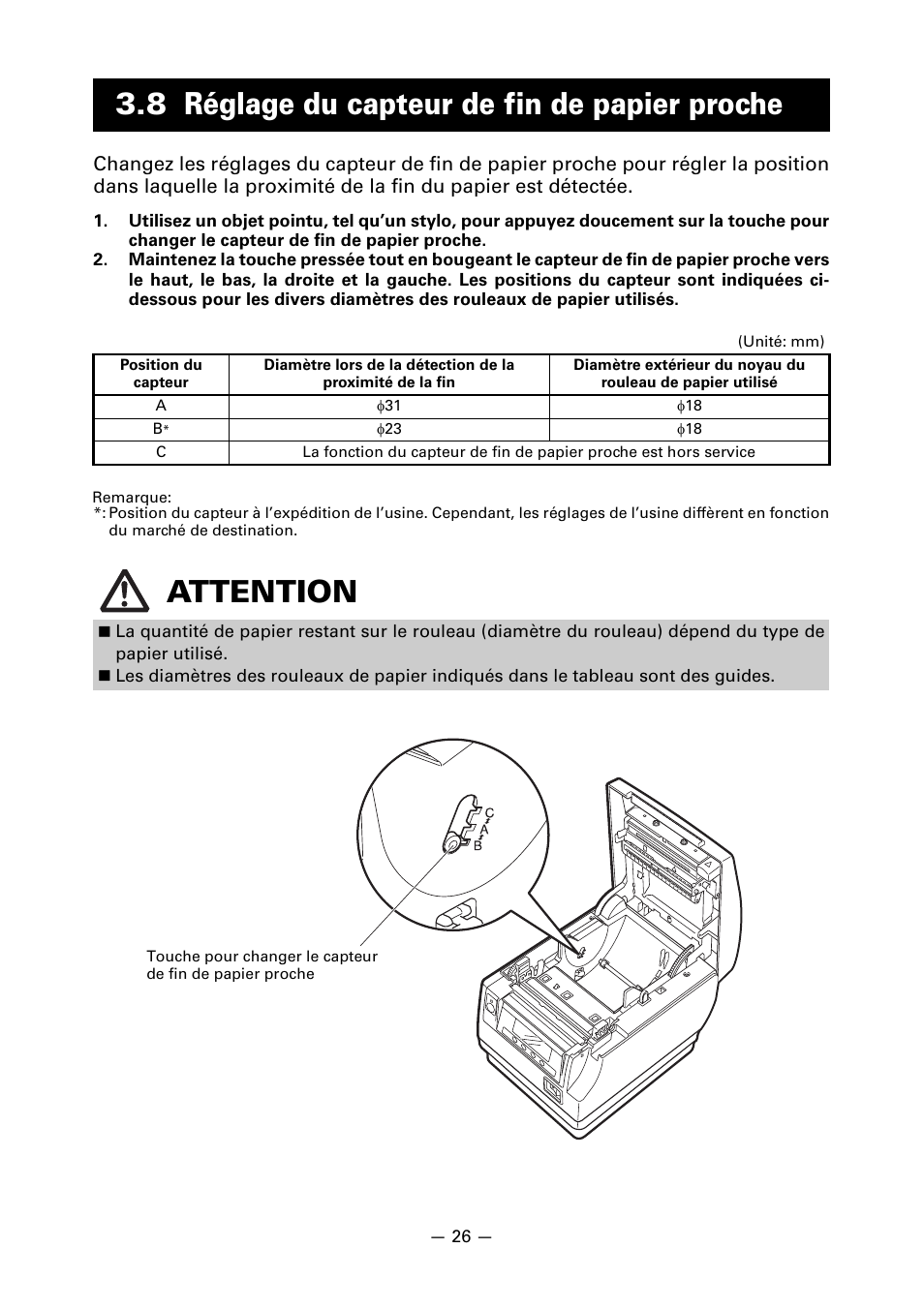 8 réglage du capteur de fin de papier proche, Attention | CITIZEN CT-S851 User Manual | Page 77 / 240