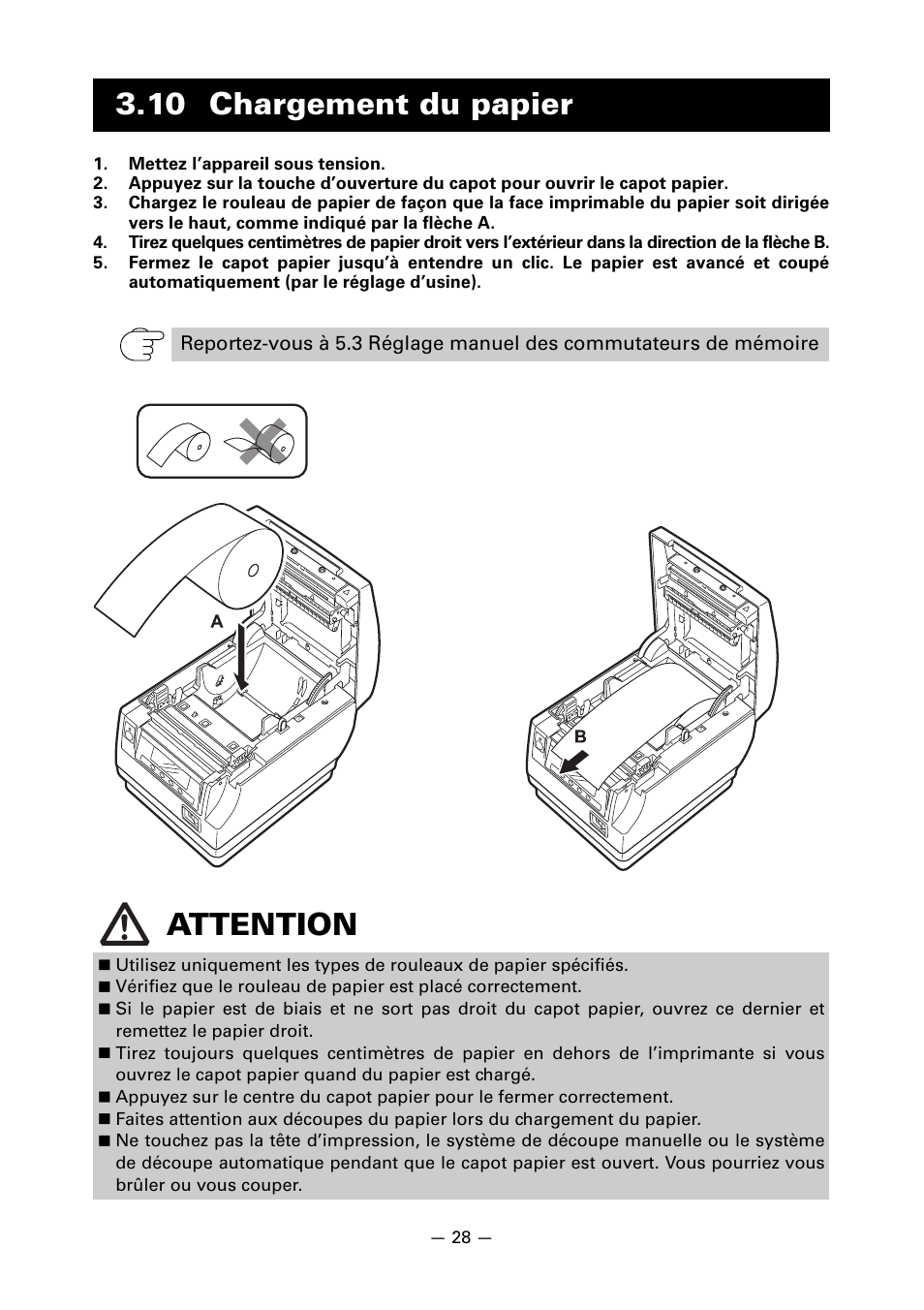 10 chargement du papier, Attention | CITIZEN CT-S851 User Manual | Page 79 / 240