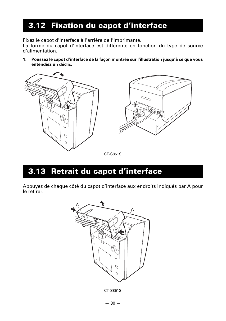 12 fixation du capot d’interface, 13 retrait du capot d’interface | CITIZEN CT-S851 User Manual | Page 81 / 240