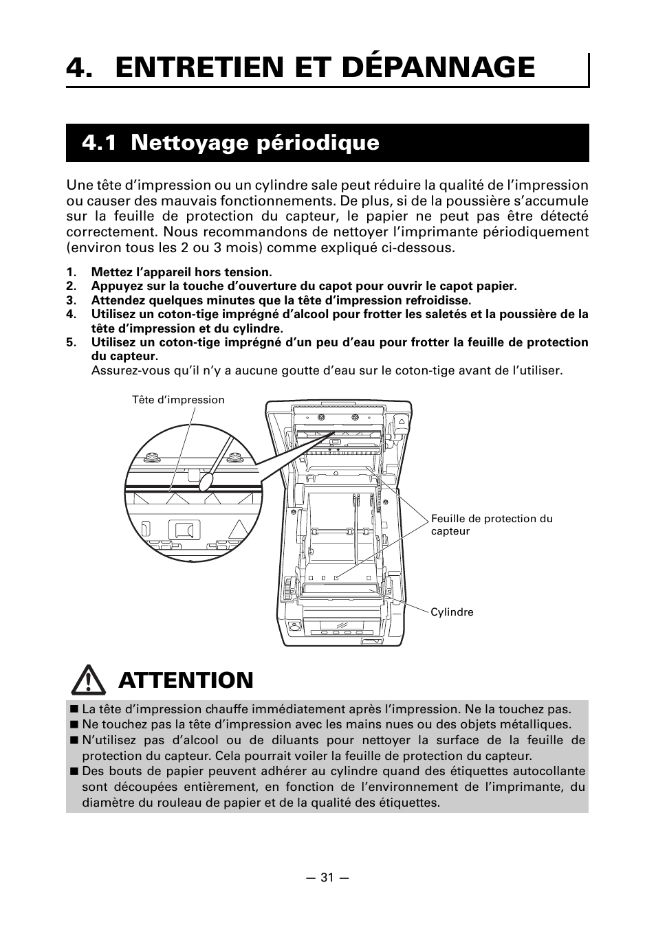 Entretien et dépannage, 1 nettoyage périodique, 1 nettoyage périodique attention | CITIZEN CT-S851 User Manual | Page 82 / 240