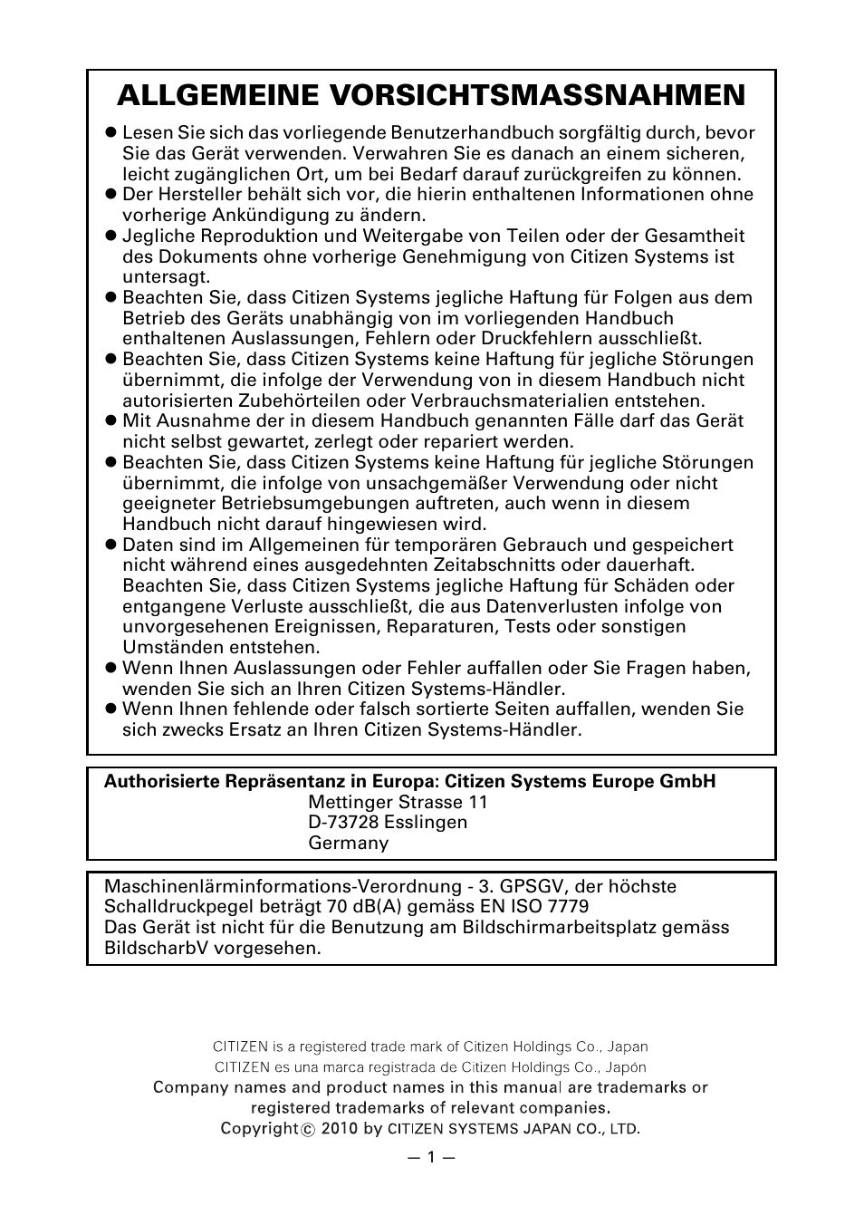 Allgemeine vorsichtsmassnahmen | CITIZEN CT-S851 User Manual | Page 99 / 240