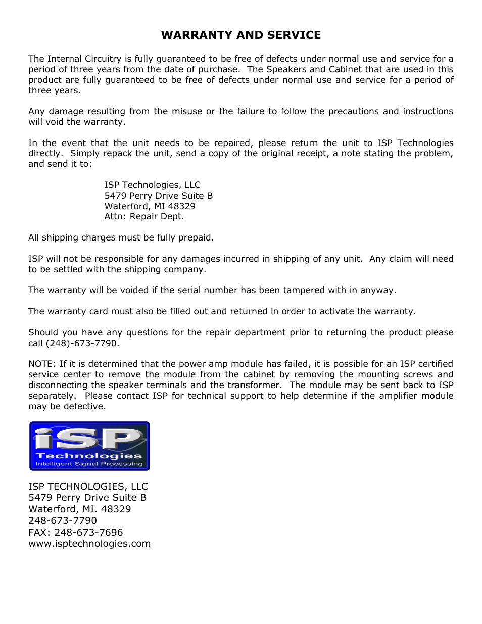 Warranty and service | ISP Technologies HDL 3112 User Manual | Page 10 / 10