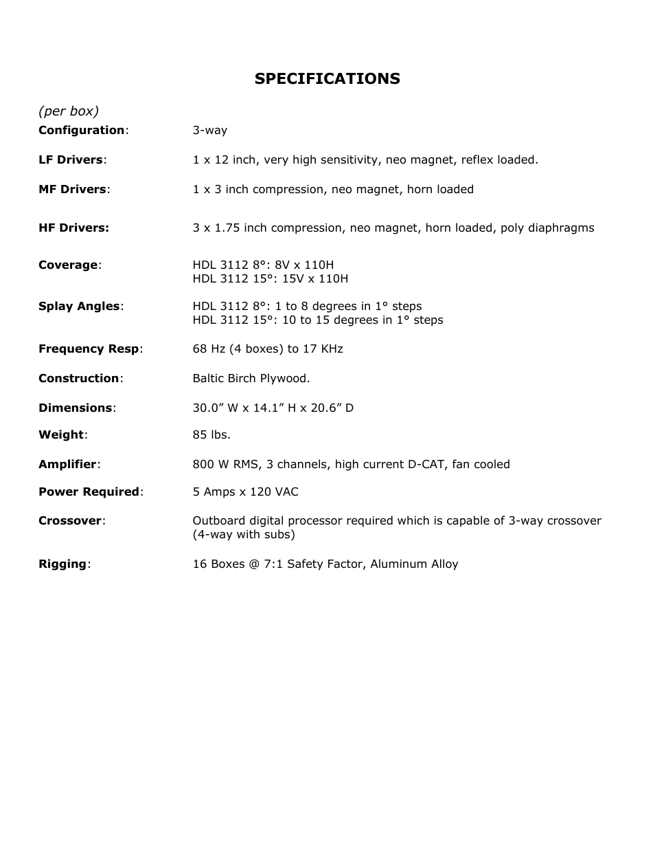Specifications | ISP Technologies HDL 3112 User Manual | Page 9 / 10