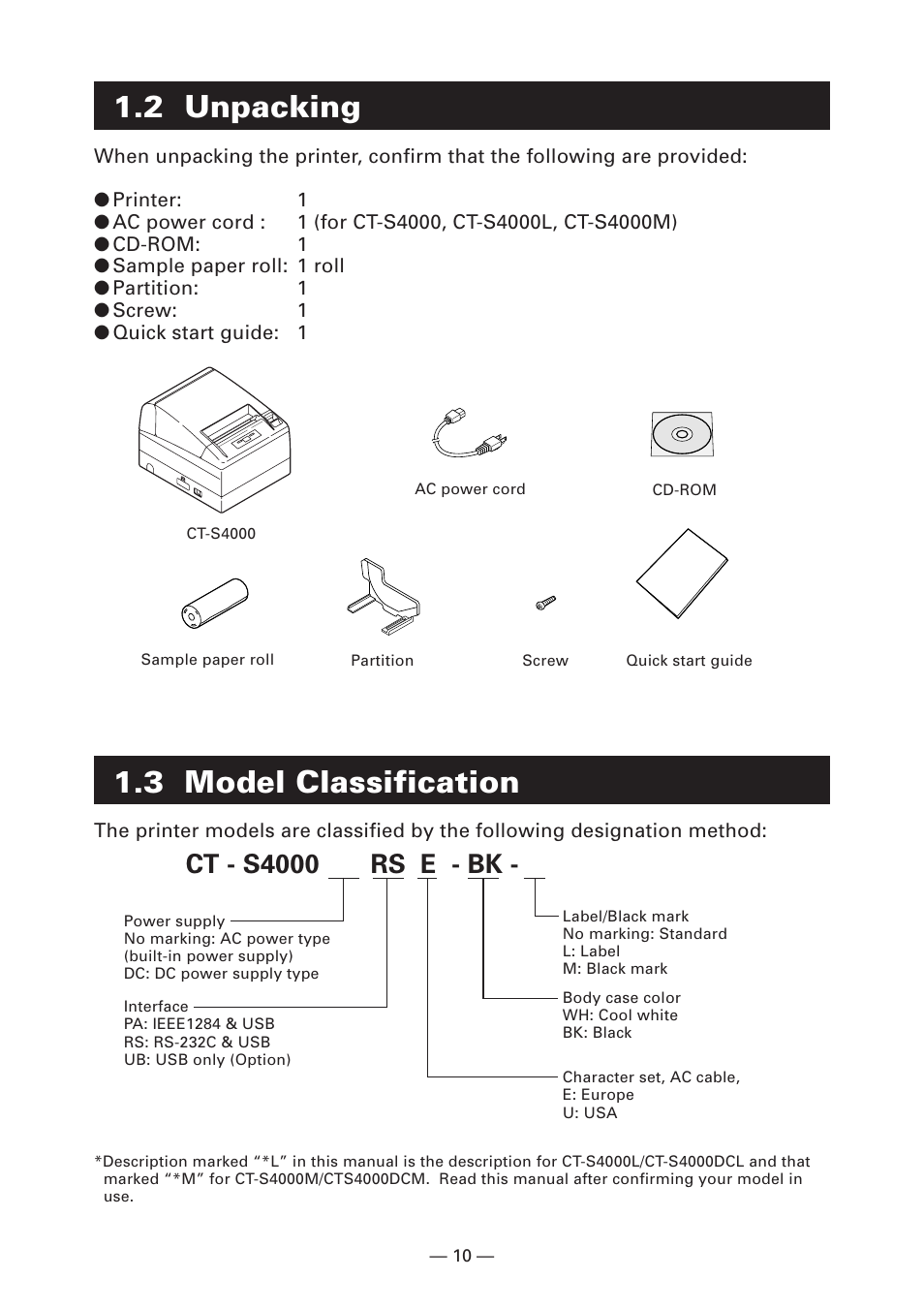 2 unpacking, 3 model classification, Ct - s4000 rs e - bk | CITIZEN S4000DCM User Manual | Page 13 / 38