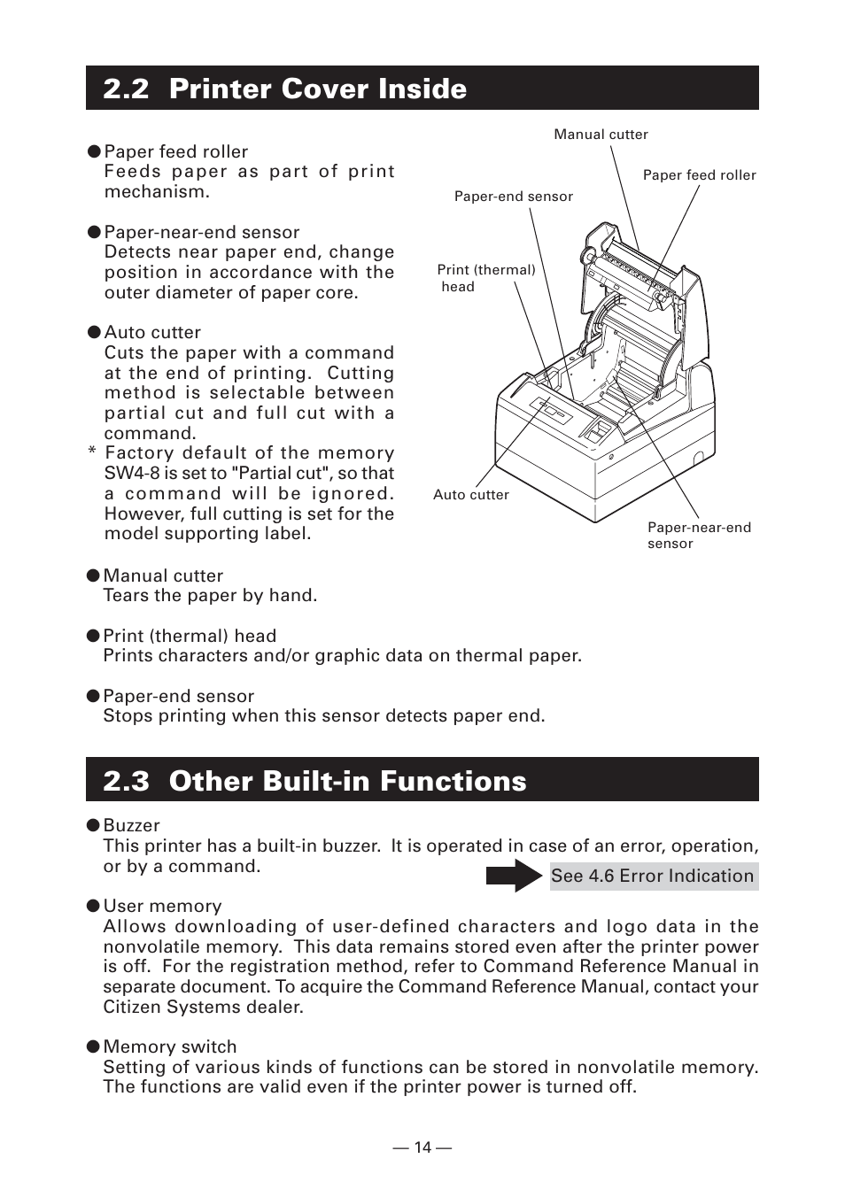 2 printer cover inside, 3 other built-in functions | CITIZEN S4000DCM User Manual | Page 17 / 38