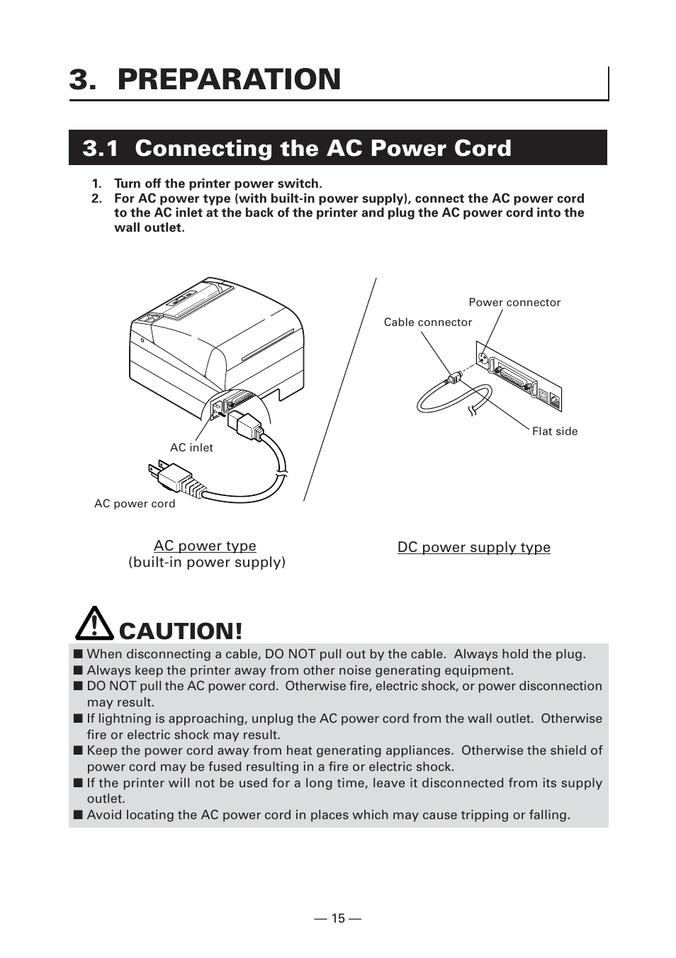 Preparation, 1 connecting the ac power cord, Caution | CITIZEN S4000DCM User Manual | Page 18 / 38