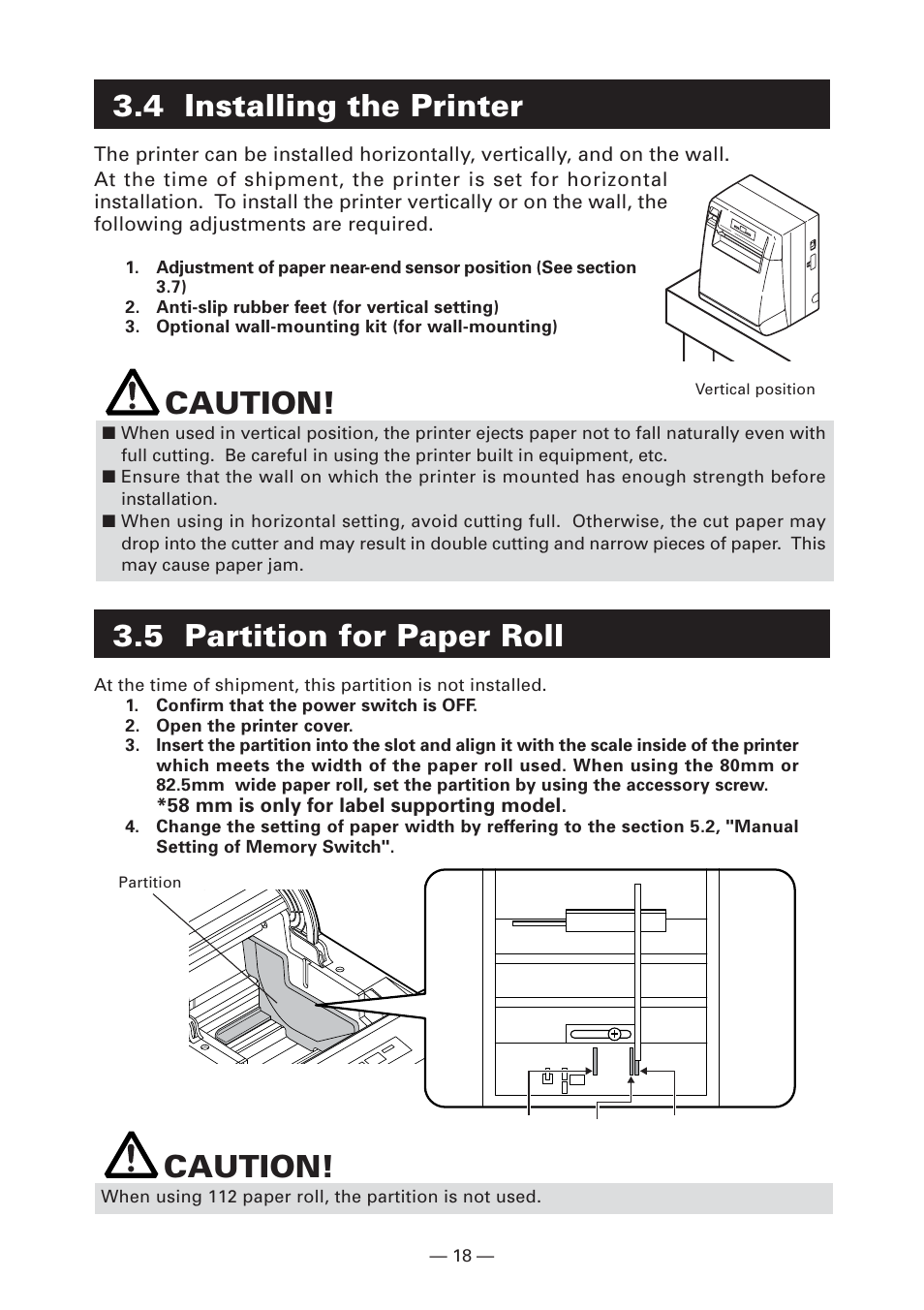 4 installing the printer, 5 partition for paper roll, Caution | CITIZEN S4000DCM User Manual | Page 21 / 38