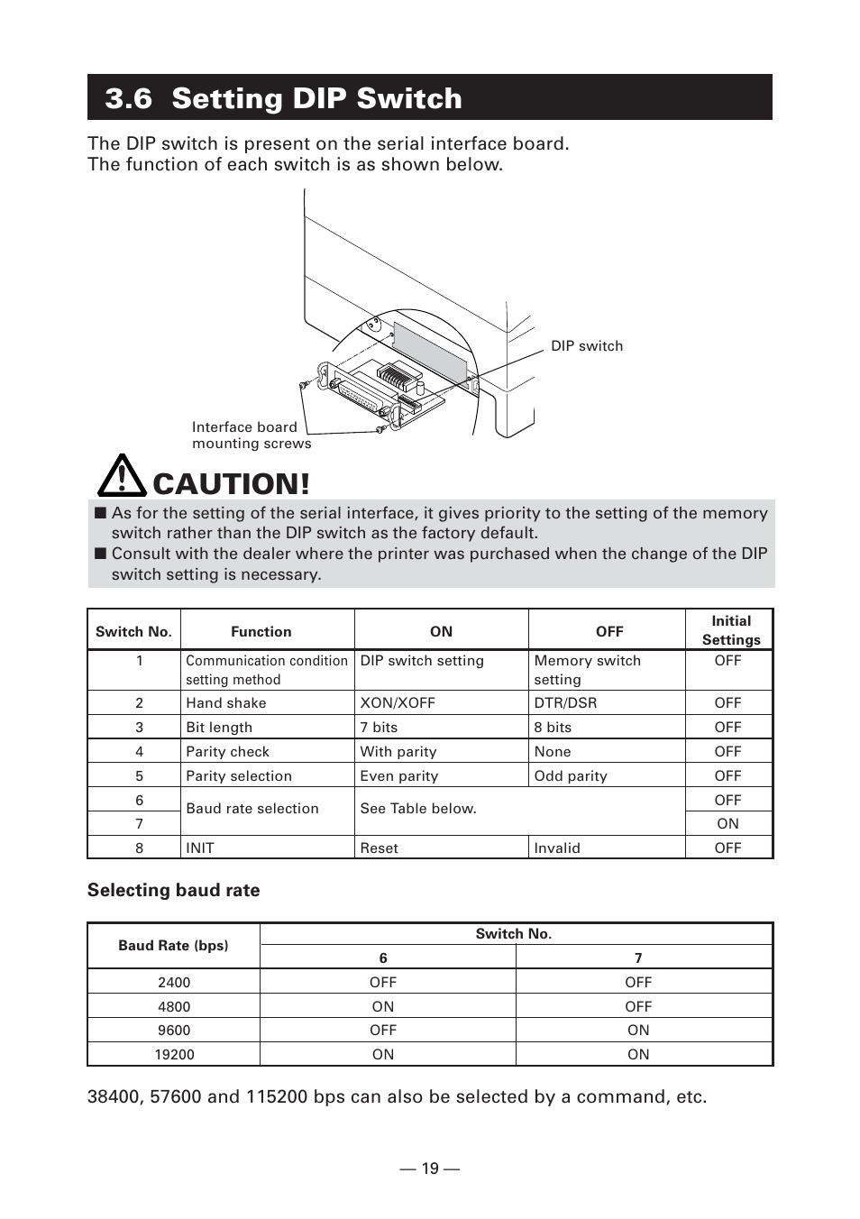 6 setting dip switch, Caution, Selecting baud rate | CITIZEN S4000DCM User Manual | Page 22 / 38