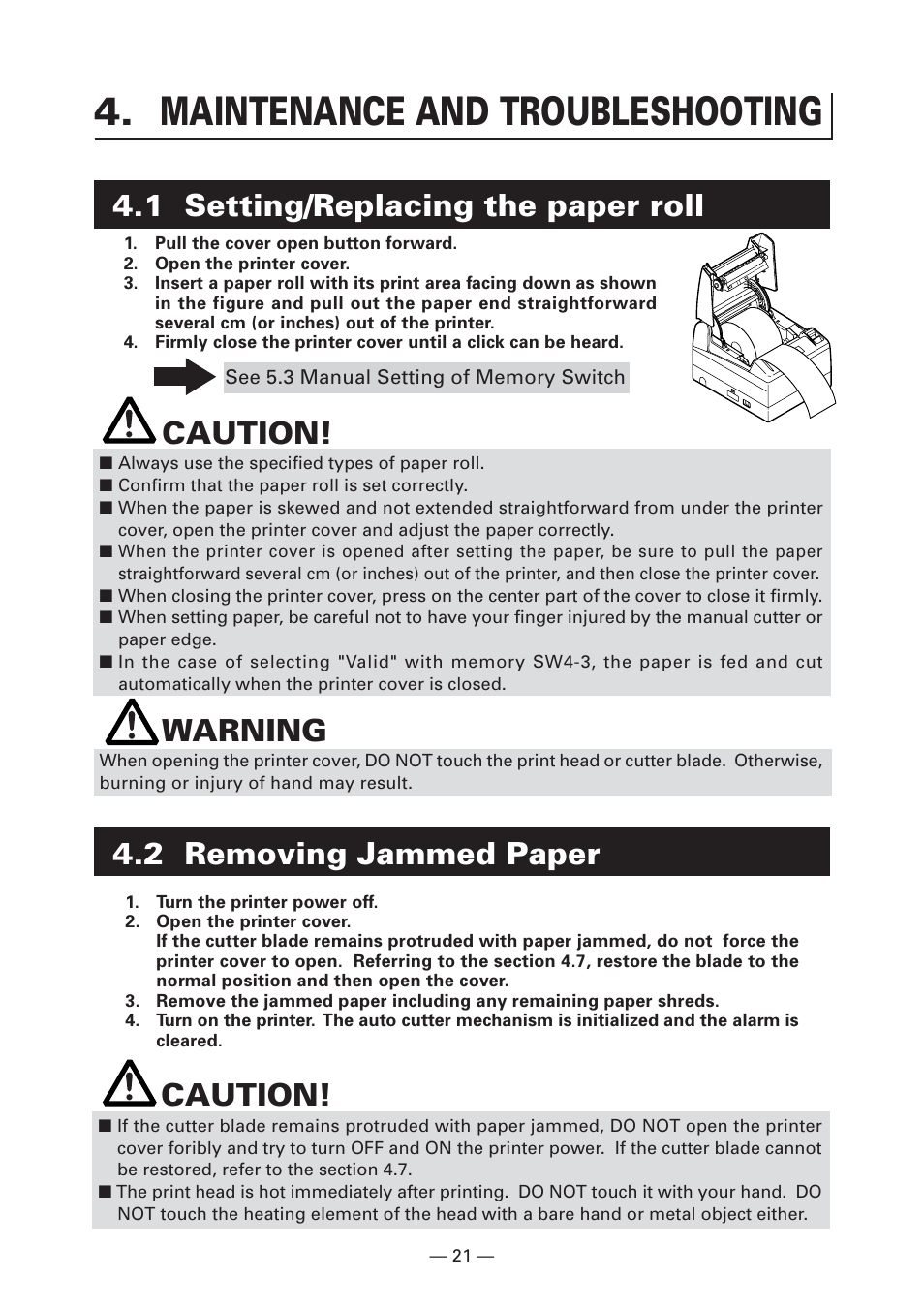 Maintenance and troubleshooting, 1 setting/replacing the paper roll, 2 removing jammed paper | Caution, Warning | CITIZEN S4000DCM User Manual | Page 24 / 38