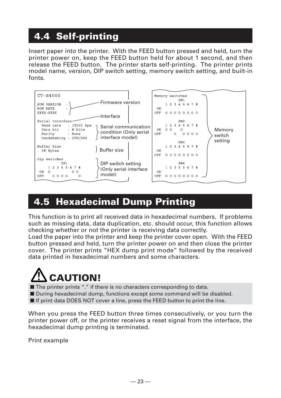 4 self-printing, 5 hexadecimal dump printing, Caution | CITIZEN S4000DCM User Manual | Page 26 / 38