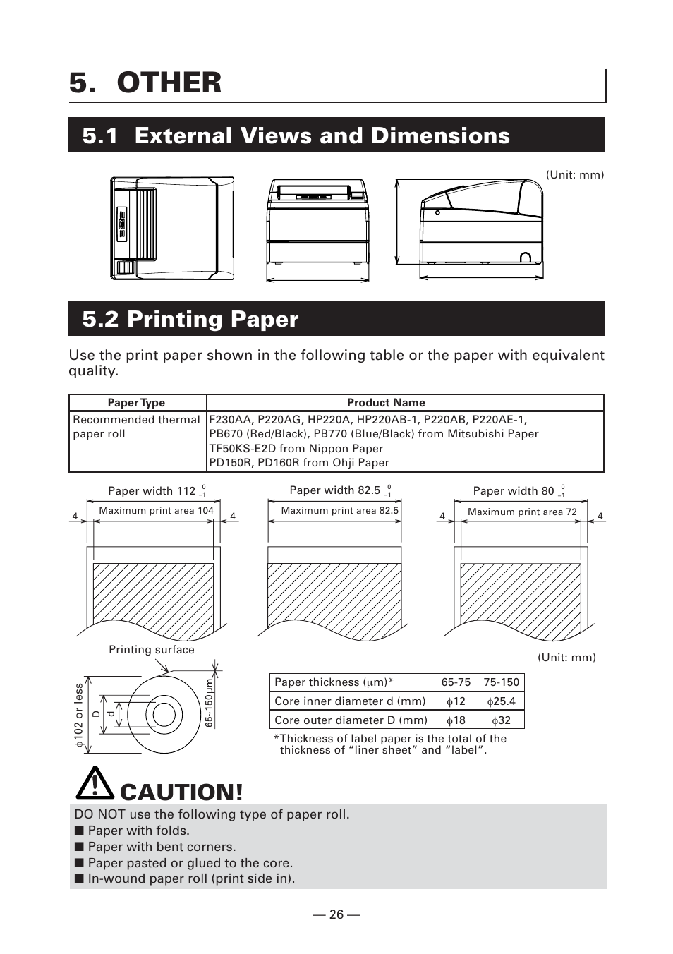 Other, 1 external views and dimensions, 2 printing paper | Caution | CITIZEN S4000DCM User Manual | Page 29 / 38