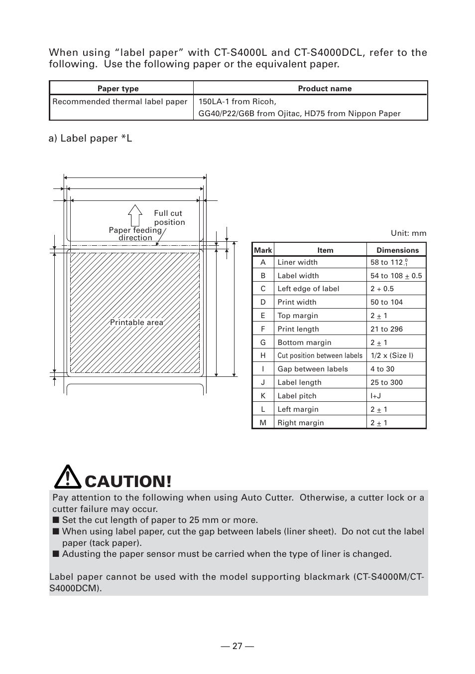 Caution, A) label paper *l | CITIZEN S4000DCM User Manual | Page 30 / 38