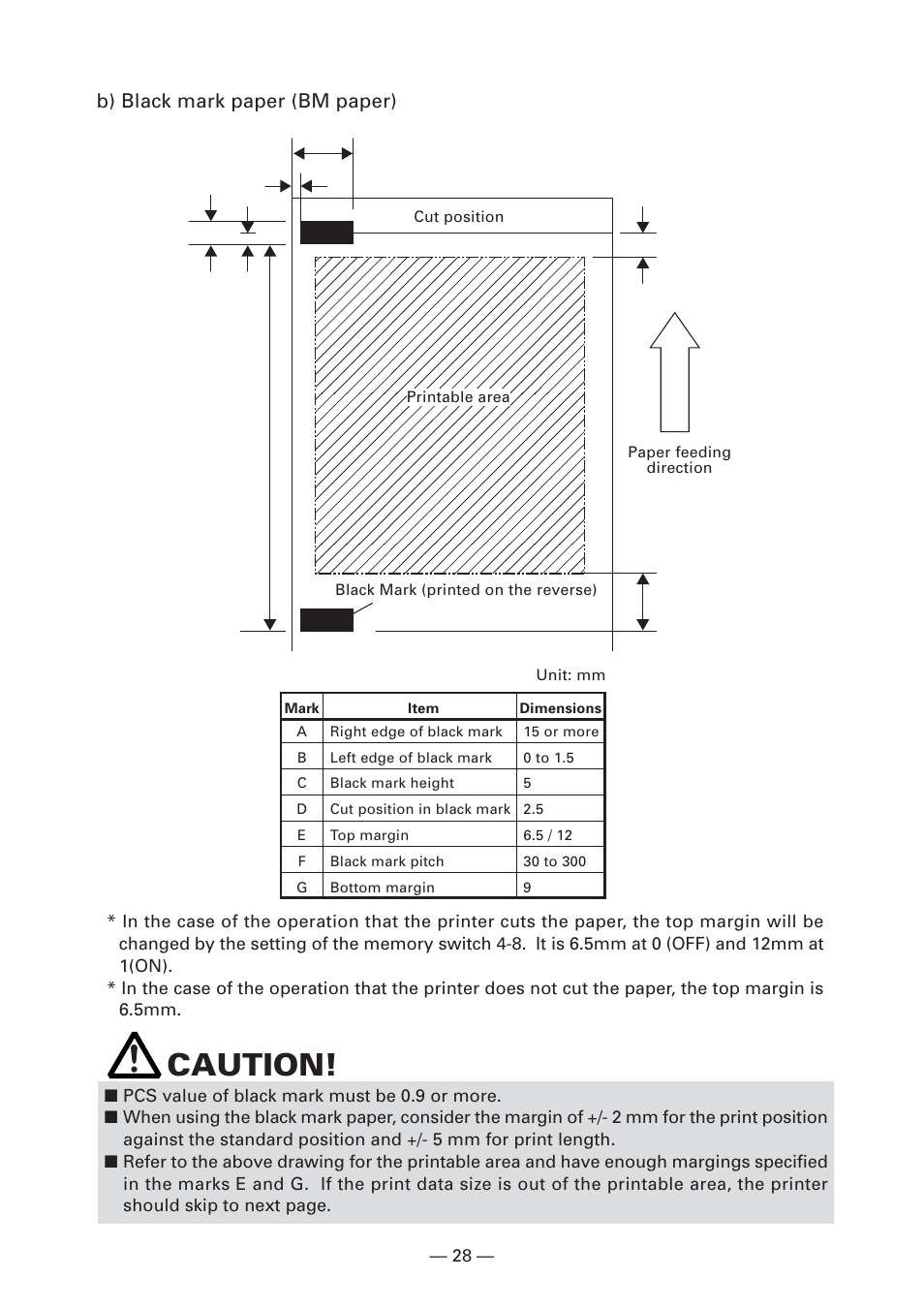 Caution, B) black mark paper (bm paper) | CITIZEN S4000DCM User Manual | Page 31 / 38