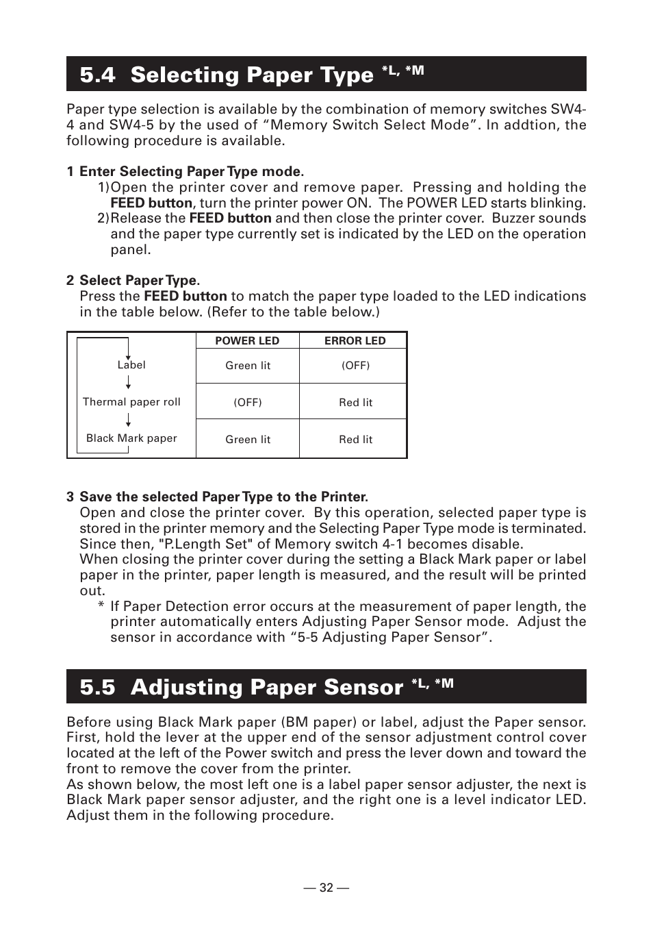 4 selecting paper type *l, *m, 5 adjusting paper sensor *l, *m, 4 selecting paper type | 5 adjusting paper sensor | CITIZEN S4000DCM User Manual | Page 35 / 38